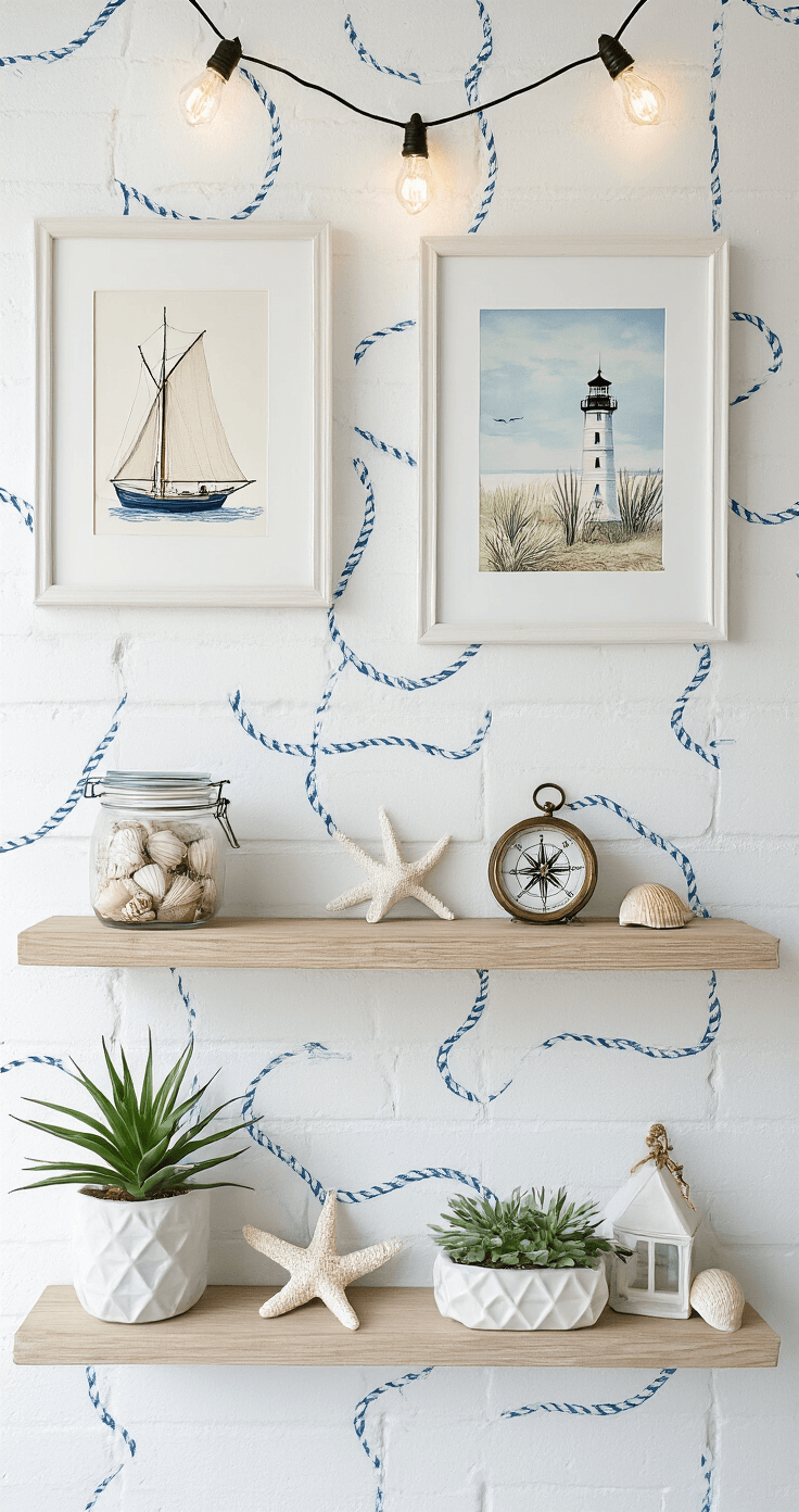 A bright coastal-themed vignette featuring a white cinderblock wall with nautical rope peel-and-stick wallpaper, a gallery wall of coastal art prints, and a whitewashed floating shelf with decorative items. Warm Edison string lights add subtle backlighting, creating an inviting atmosphere.