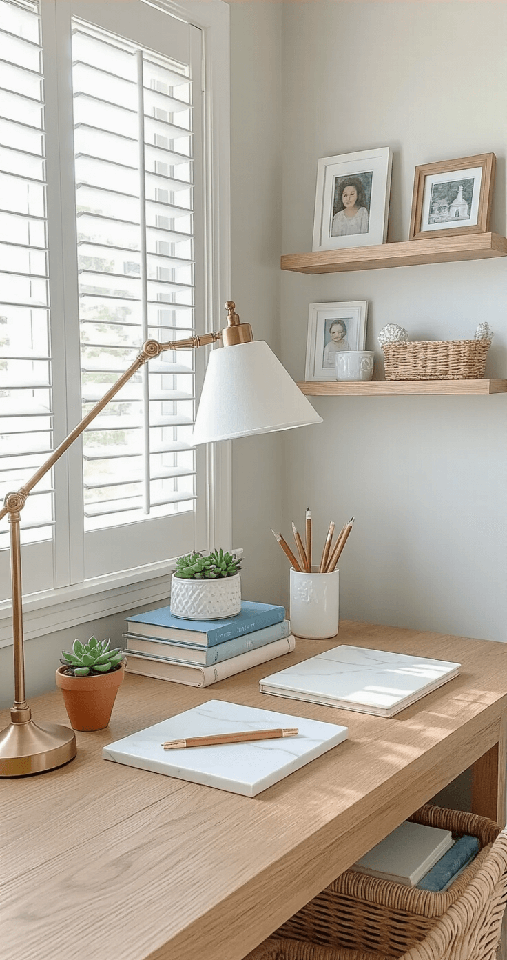 Intimate coastal-themed productivity corner featuring a compact wooden desk under a window, styled with a brass task lamp, vintage books in blues and creams, a white ceramic pencil holder, succulent garden in terracotta pots, and a white marble desk pad, complemented by a woven organizer, family photos on a floating shelf, and a light blue desk chair, all bathed in soft afternoon light.