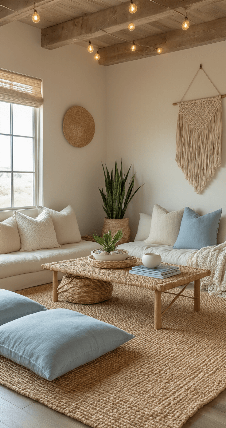 Cozy coastal-inspired seating area featuring a large jute area rug, oversized cushions in cream and blue, rattan storage basket as a coffee table, and ambient string lights, captured at floor level during golden hour.