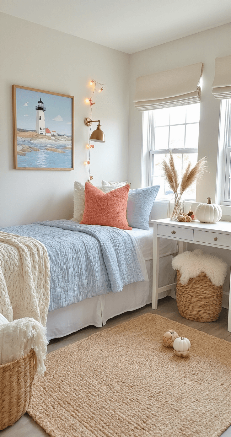 Coastal-themed dorm room transformation showcasing autumn accents, featuring a white and blue bed with coral pillows, a desk with a white pumpkin and pampas grass, seasonal art, layered rugs, updated window treatments, and cozy lighting.