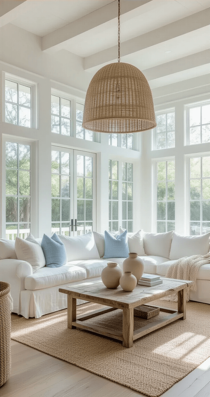 A spacious living room with floor-to-ceiling white-framed windows, featuring a cream white slipcovered linen sofa, exposed white beams, polished hardwood floors, an oversized woven seagrass pendant light, and a reclaimed driftwood coffee table with ceramic vases, all set in a serene color palette of whites, soft blues, and natural tones.