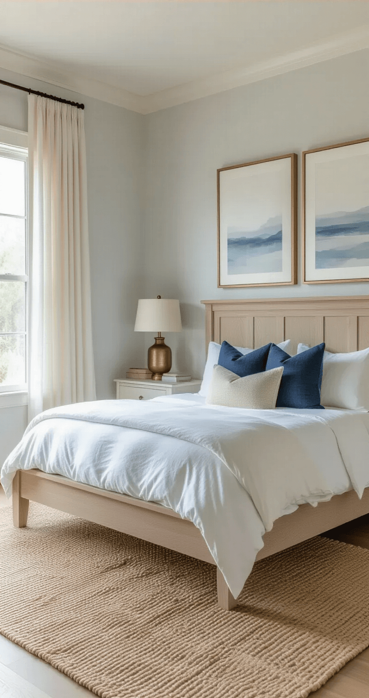 Elegant coastal bedroom bathed in golden hour light, featuring a king-size platform bed with a white oak headboard, crisp white bedding, and ship lap accent walls in soft pearl white. A natural jute area rug, vintage brass table lamp, and abstract coastal artwork enhance the tranquil atmosphere, complemented by textured throw pillows in cream and navy.