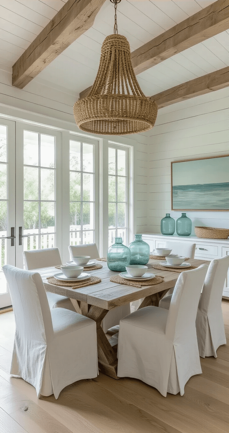 Coastal dining room with a weathered teak table, white slipcovered chairs, vaulted ceilings, natural wood beams, large windows overlooking gardens, and a natural rope chandelier, all in soft sea glass tones and a subtle blue-gray 'Sea Salt' paint.
