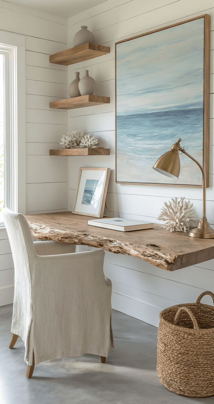 A coastal home office with a live-edge driftwood desk against white shiplap walls, featuring built-in floating shelves with ceramic vessels, coastal photography, and coral specimens. A vintage brass desk lamp and a woven basket enhance functionality, while an ergonomic chair in soft oatmeal linen complements the polished concrete floors. A large abstract seascape painting in muted blues and whites serves as the focal point, with dramatic afternoon sunlight casting sophisticated shadows throughout the room.