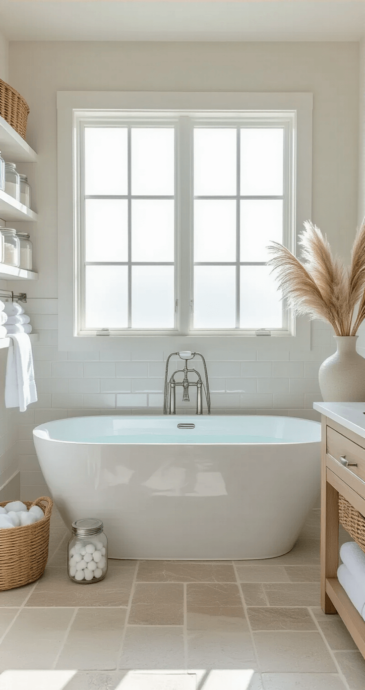 A luxurious coastal bathroom with a freestanding white soaking tub under a frosted window, featuring natural stone tile flooring, white subway tile walls, a bleached teak floating vanity, and soft morning light creating a serene atmosphere.
