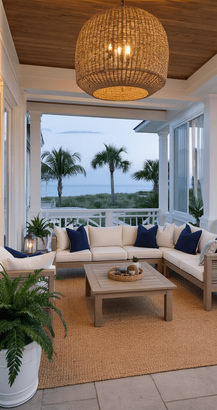 Coastal porch at twilight featuring a sectional sofa with cream cushions and navy pillows, a teak coffee table, woven pendant light, hurricane lanterns, and tropical plants, photographed from the interior with soft lighting and a view of the evening sky.