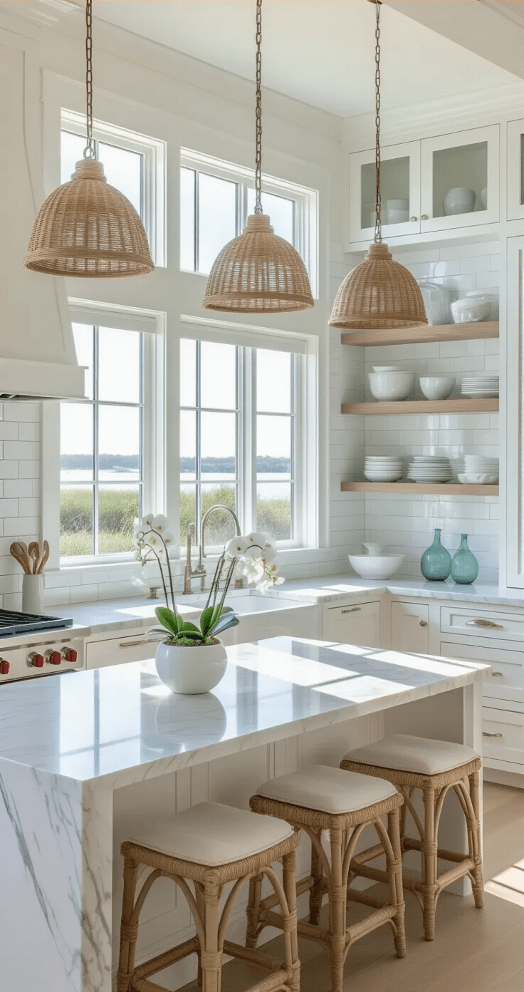Sophisticated coastal kitchen with white shaker cabinets, large marble waterfall island, open shelving, farmhouse sink, and natural light streaming through clerestory windows, emphasizing a clean, airy atmosphere.