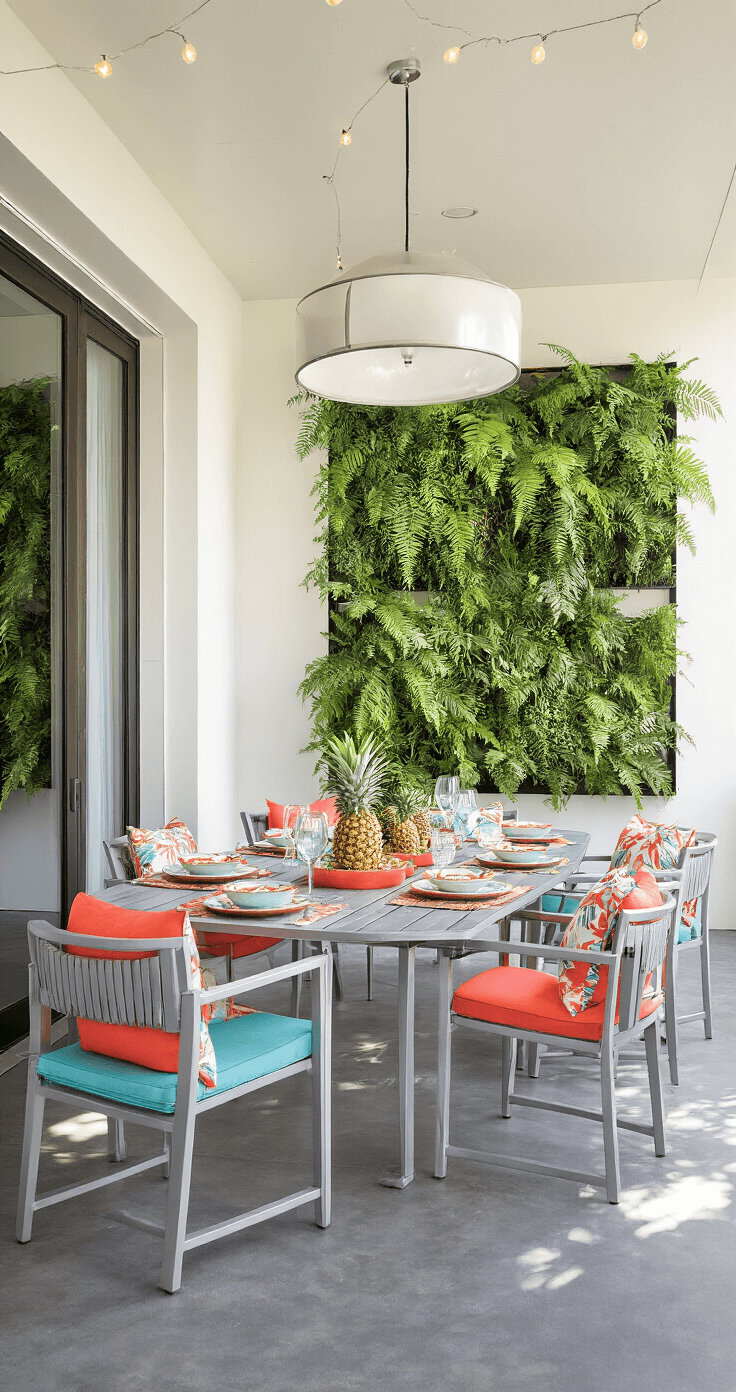 A contemporary lanai dining area with an aluminum set for six in coral and turquoise cushions, featuring a glass-top table set with tropical dinnerware and a fresh pineapple centerpiece, surrounded by a living wall of ferns and palms, all illuminated by bright midday light.