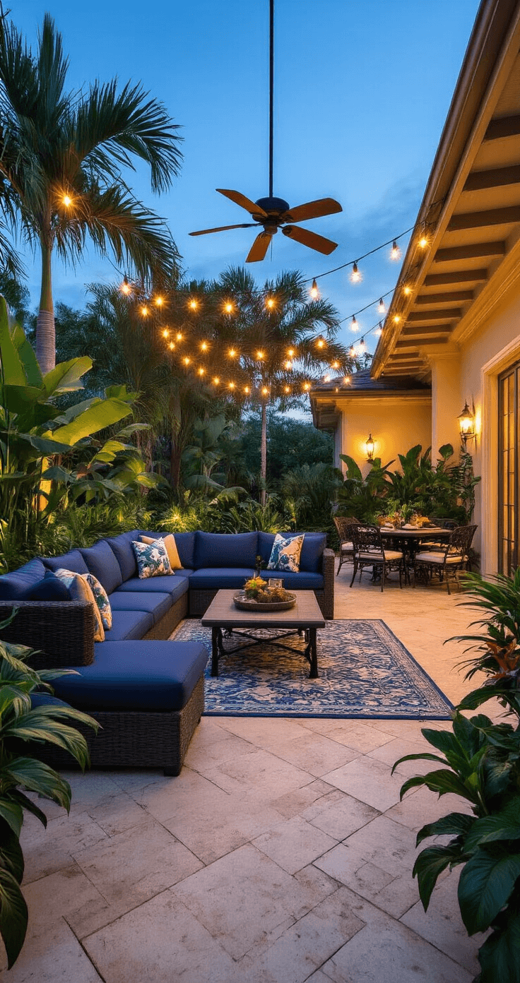 Expansive Florida lanai at twilight featuring a navy sectional sofa with tropical pillows, a wrought iron dining set, and patterned outdoor rugs, surrounded by lush hibiscus and Bird of Paradise plants, illuminated by warm LED lights and solar-powered accents.