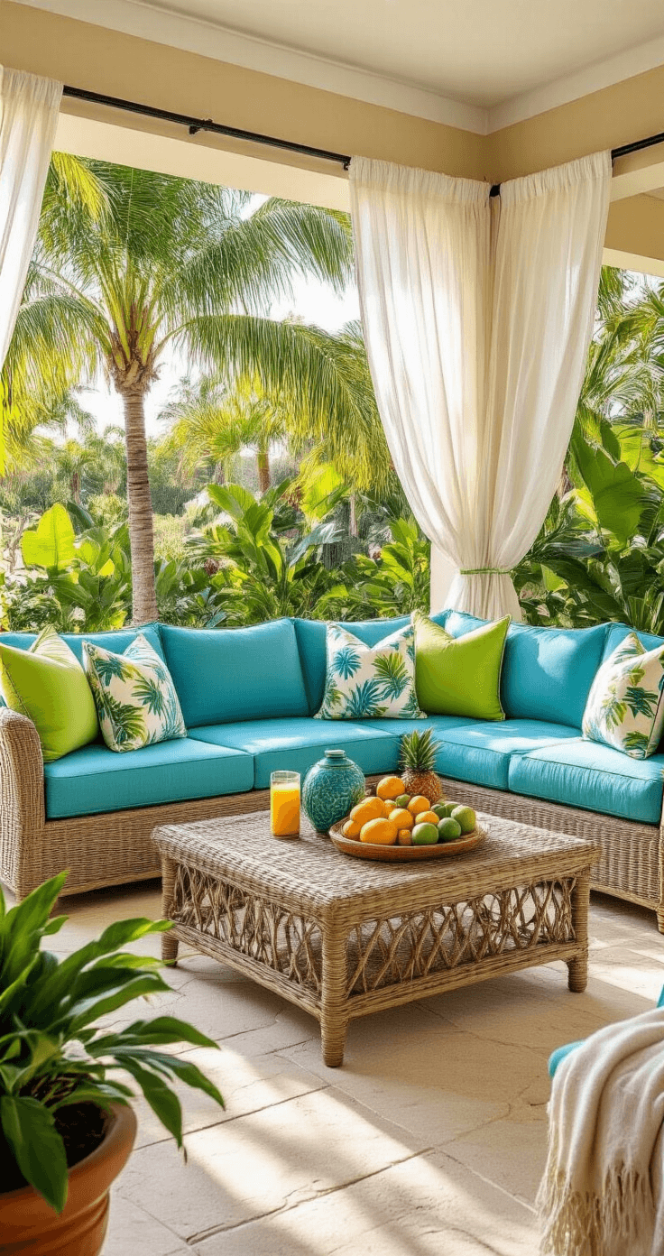 A vibrant morning-lit lanai featuring a sea blue sectional sofa with lime green and sandy neutral throw pillows, surrounded by palm trees casting shadows on cream stone floors. A wicker coffee table displays tropical fruits and ceramic accessories, while terracotta potted plants add warmth. Sheer white outdoor curtains flutter in the breeze, enhancing the cheerful atmosphere of Florida's perpetual summer.