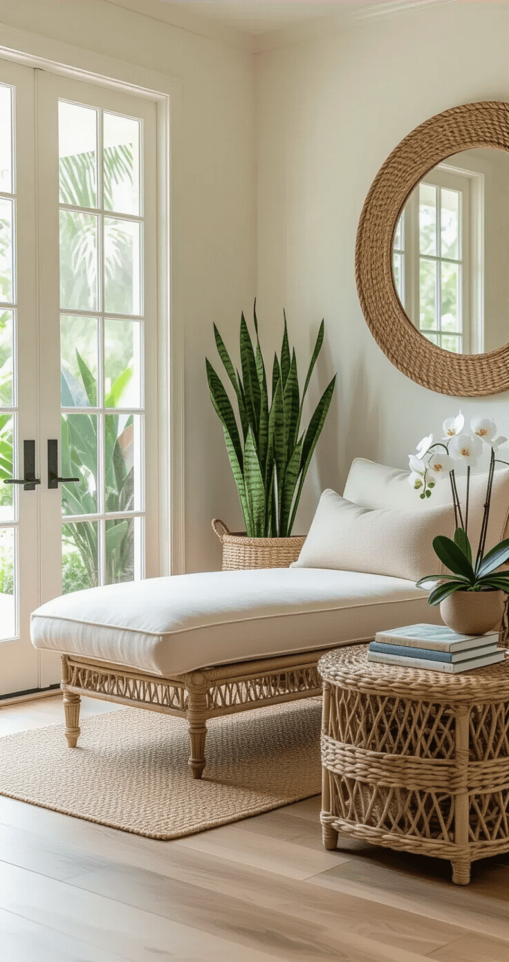 A serene mid-morning view of a spacious Florida room featuring an oversized cream chaise lounge, French doors opening to a garden, and natural oak flooring. The room is adorned with woven seagrass baskets containing snake plants and fiddle leaf figs, a vintage rattan side table with coastal coffee table books and a ceramic vase of white orchids, and warm white textured walls enhanced by a large circular mirror. The atmosphere is tranquil and inviting, showcasing layered textures of linen, wood, and greenery.