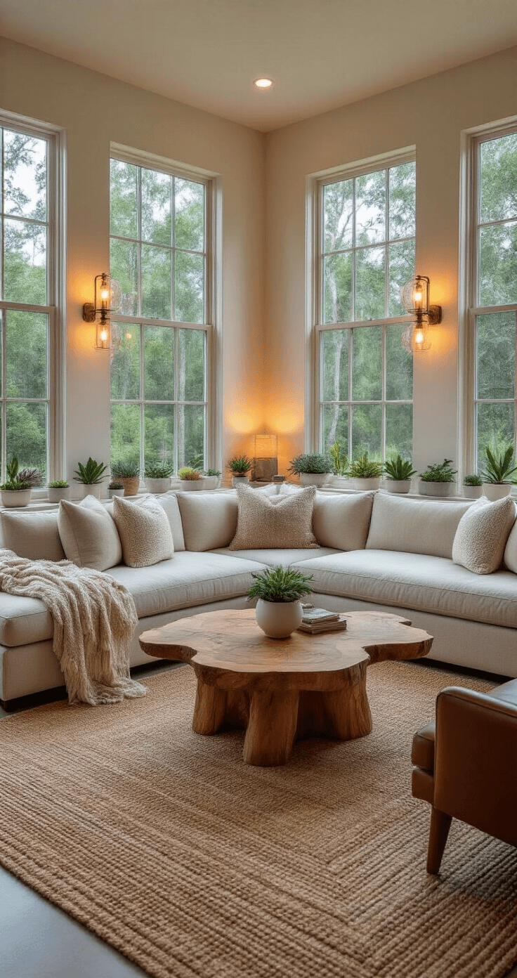 Cozy evening Florida room scene featuring a curved linen sectional sofa, live-edge wood coffee table, and warm Edison bulb string lights illuminating a conversation area with layered jute and cotton rugs on polished concrete floors. Succulents in white ceramic planters adorn window sills, all in a color palette of soft blues, sage greens, and warm neutrals.