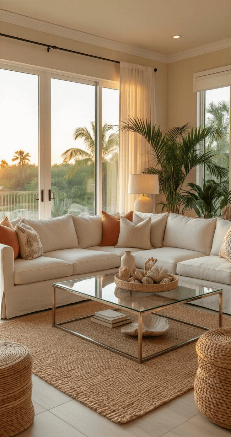 Sophisticated Florida room interior at sunset, featuring an L-shaped natural linen sectional, oversized windows with tropical views, a glass and chrome coffee table with coastal decor, layered warm lighting, jute rugs, rattan side tables, and lush potted plants for privacy.