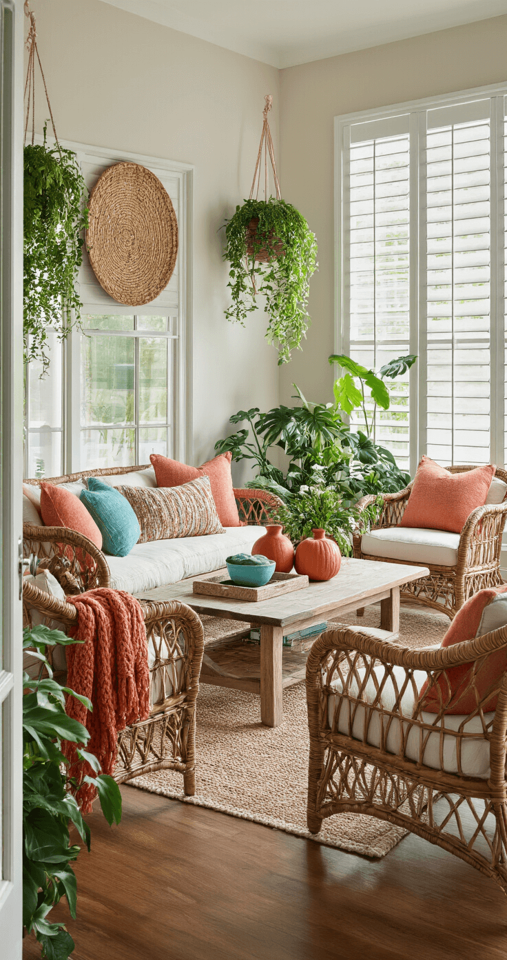 Cozy Florida room with autumn coastal decor featuring rattan furniture, terracotta accents, layered textiles, large windows, and abundant greenery, captured from an elevated angle.