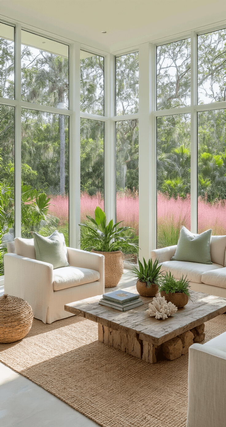 Bright modern living room featuring floor-to-ceiling windows overlooking a native Florida landscape garden, with neutral linen furniture, reclaimed cypress coffee table, and natural light flooding the space.