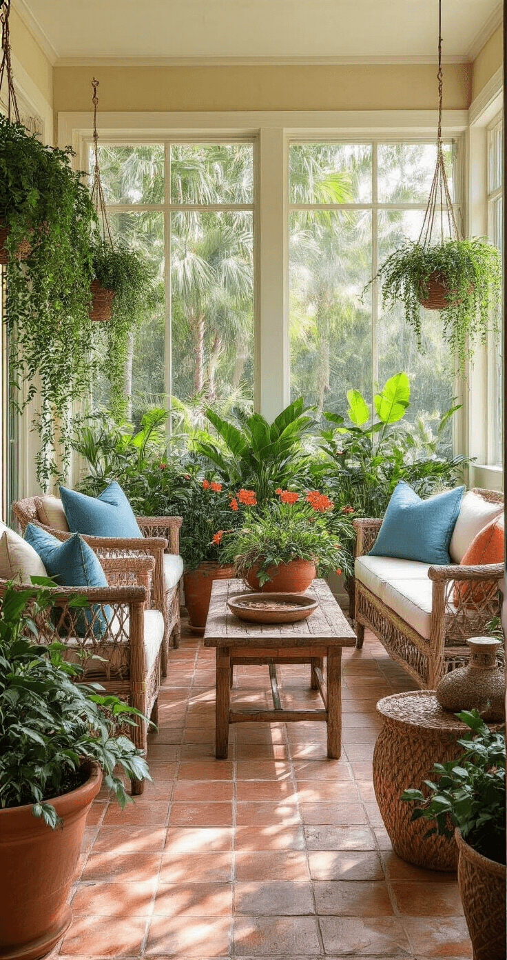 Intimate Florida lanai at sunrise with potted native plants, weathered teak furniture, and coral stone flooring, featuring Firebush, Coral Honeysuckle, and Coontie palms, enhanced by soft morning light and geometric shadows.