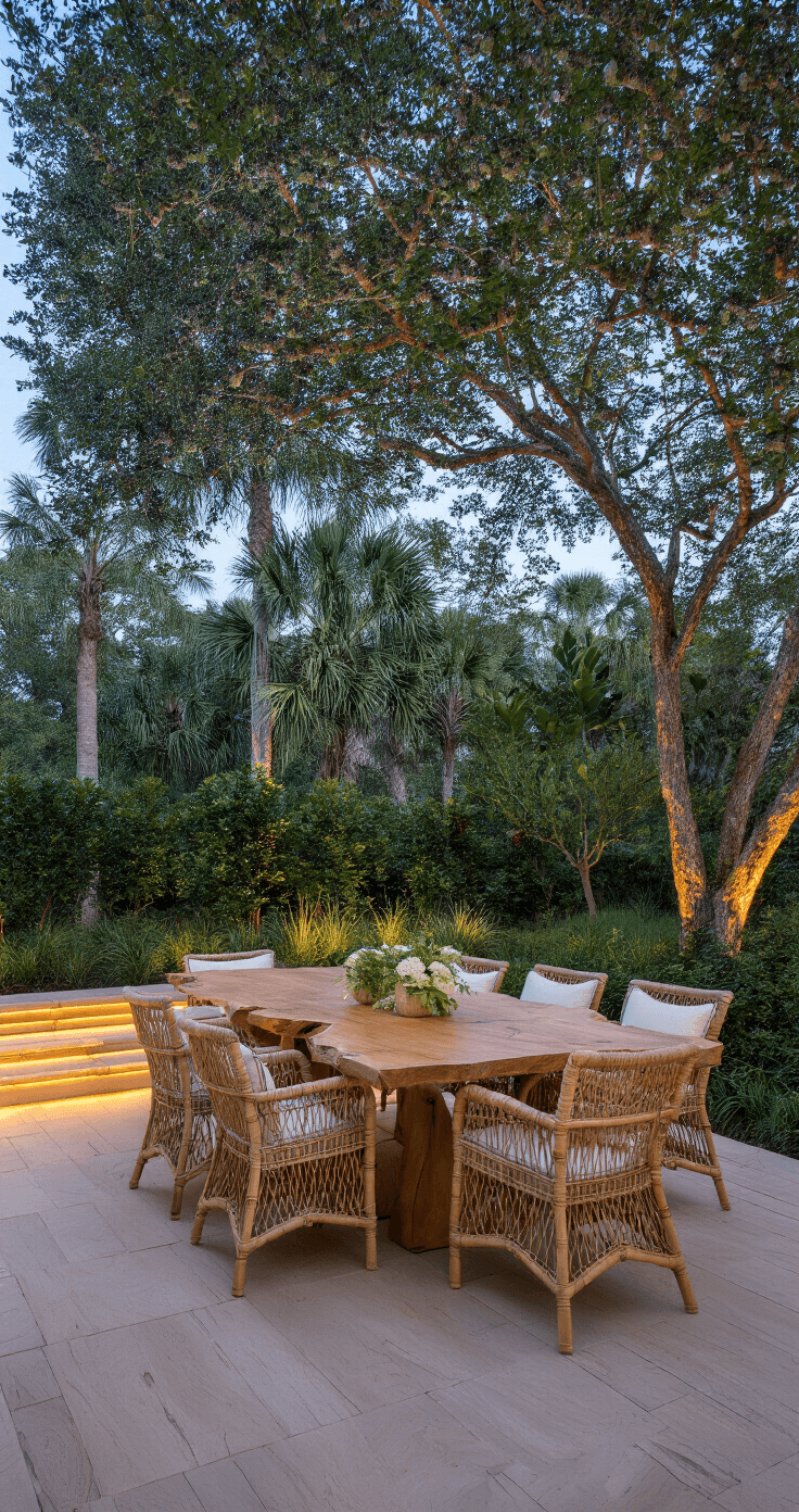 Transforming Your Florida Landscape: A Native Plant Paradise Sophisticated outdoor dining area featuring a live-edge cypress table and natural rattan chairs, surrounded by native Florida plants and illuminated by subtle landscape lighting during the blue hour.