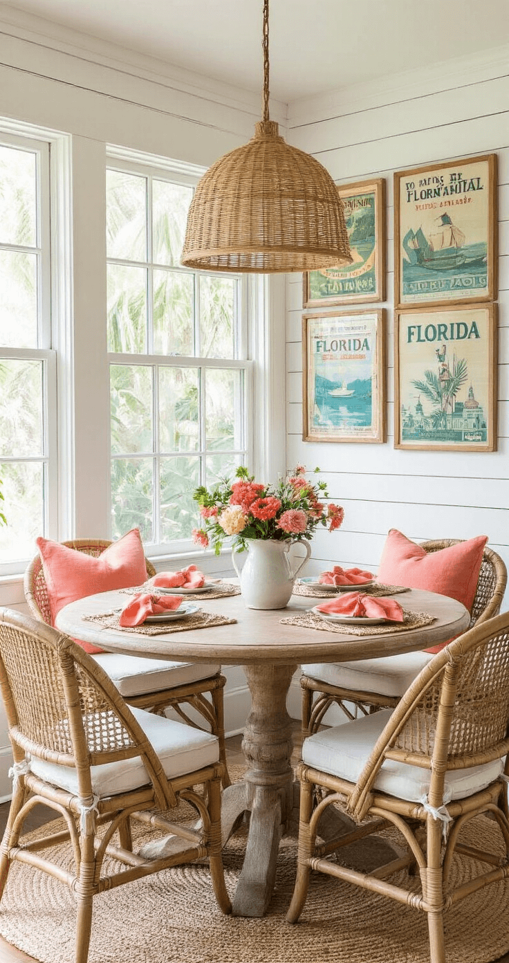 Charming Florida dining nook featuring a round teak table surrounded by mismatched rattan chairs, illuminated by natural light. Decorated with vintage travel posters, a rattan pendant light, tropical flowers, jute placemats, and coral napkins.