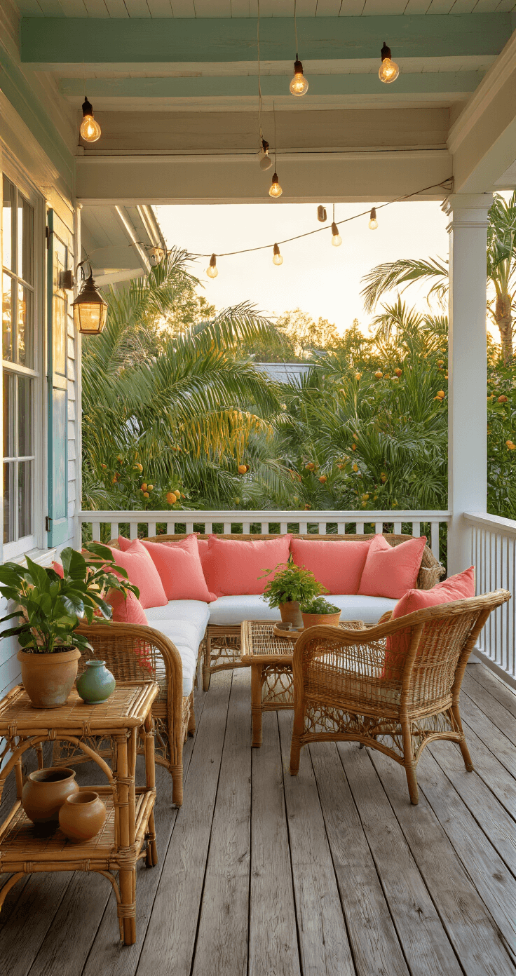 Relaxed old Florida porch at golden hour featuring vintage rattan furniture, a faded coral wicker sofa, mismatched armchairs, bamboo coffee table, string lights, potted palms, citrus trees, and seafoam blue railings, creating a warm inviting atmosphere.