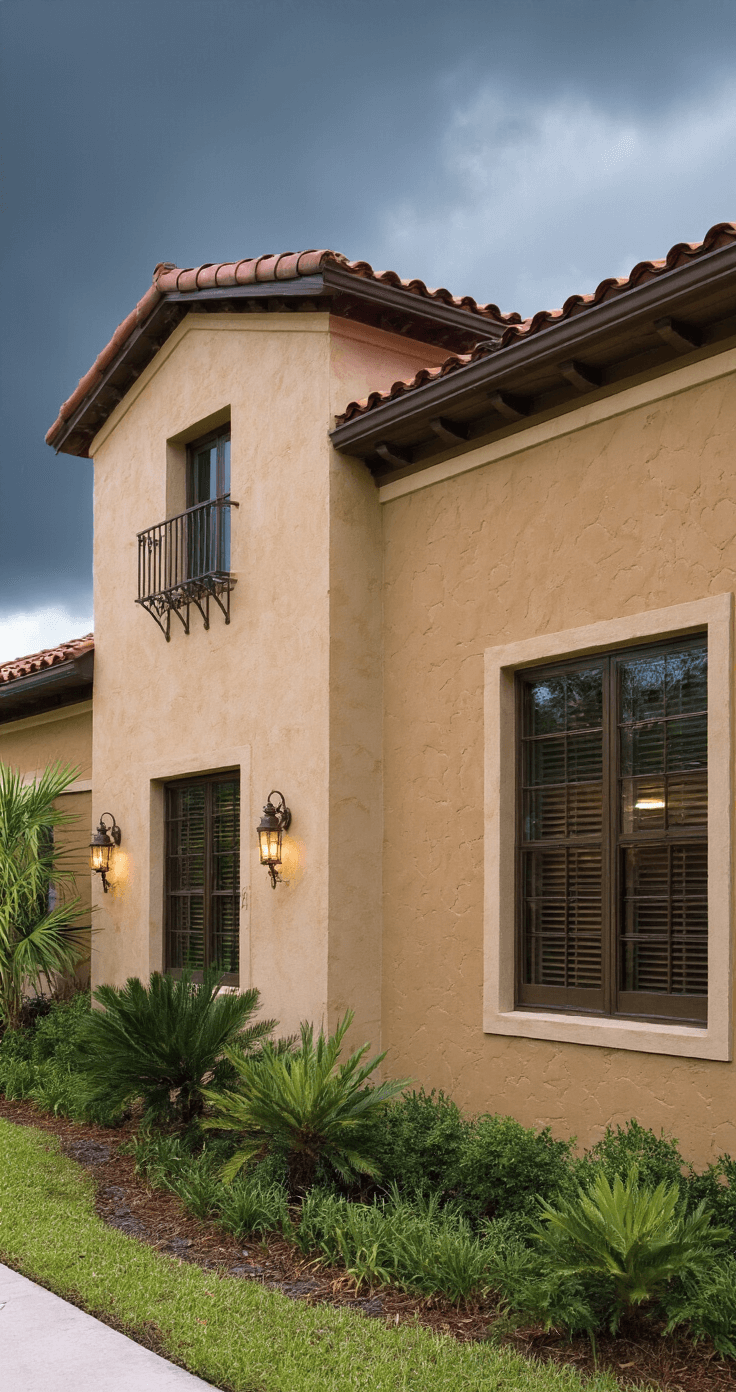 Hurricane-resistant stucco home with warm sand-colored textured exterior, bronze-framed impact-resistant windows, and terracotta roof tiles, surrounded by wind-resistant native plants, captured in dramatic storm lighting highlighting material textures and structural features.