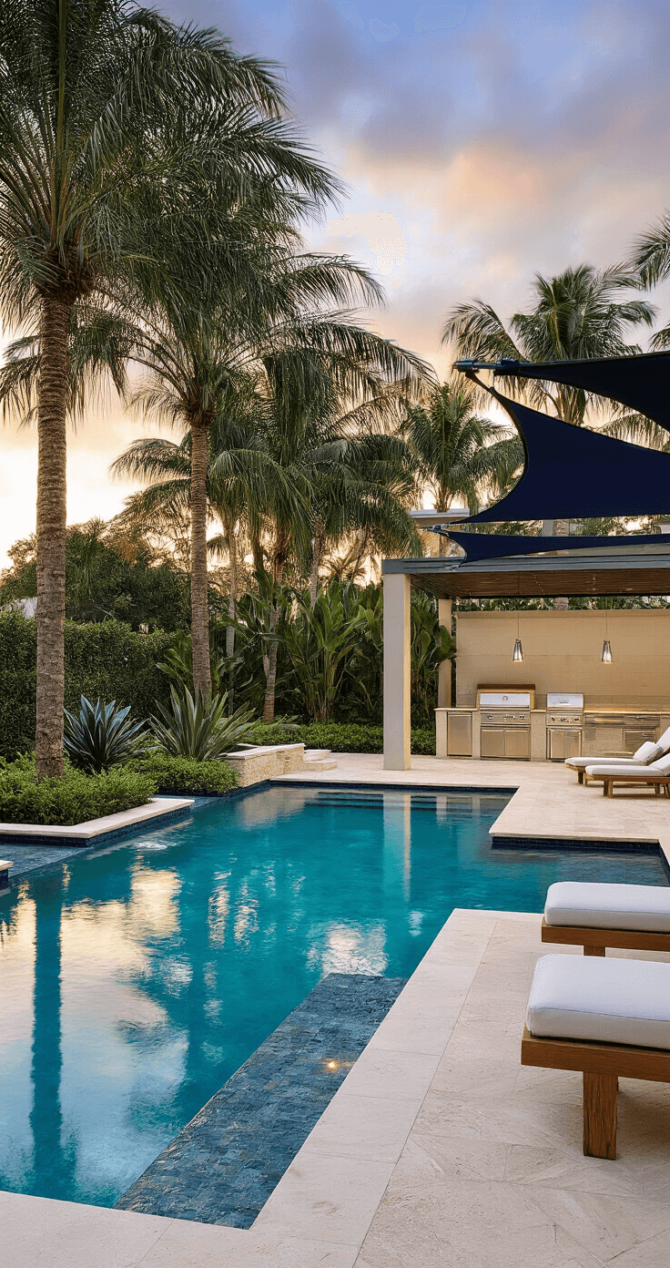 A stunning South Florida poolside oasis at late afternoon, featuring a modern infinity-edge pool with crystal blue water reflecting Royal Palms, surrounded by travertine decking and lush tropical plantings, under warm golden hour lighting.