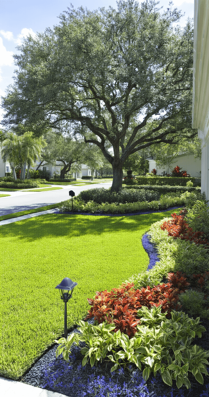 Sophisticated front yard landscape in South Florida featuring drought-tolerant St. Augustine grass, colorful native plantings, a majestic Live Oak, decorative river rock mulch, and a modern black metal mailbox, all framed by strong shadows from the bright midday sun.