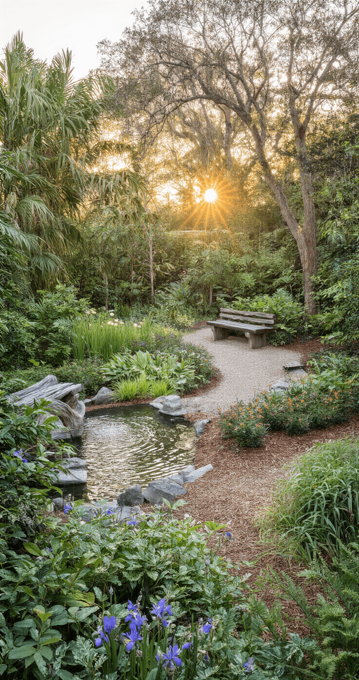 A stunning South Florida wildlife garden at sunrise, featuring a natural stone fountain, native plants attracting birds and butterflies, bark chip paths, cypress benches, and ethereal morning mist illuminating dewdrops.