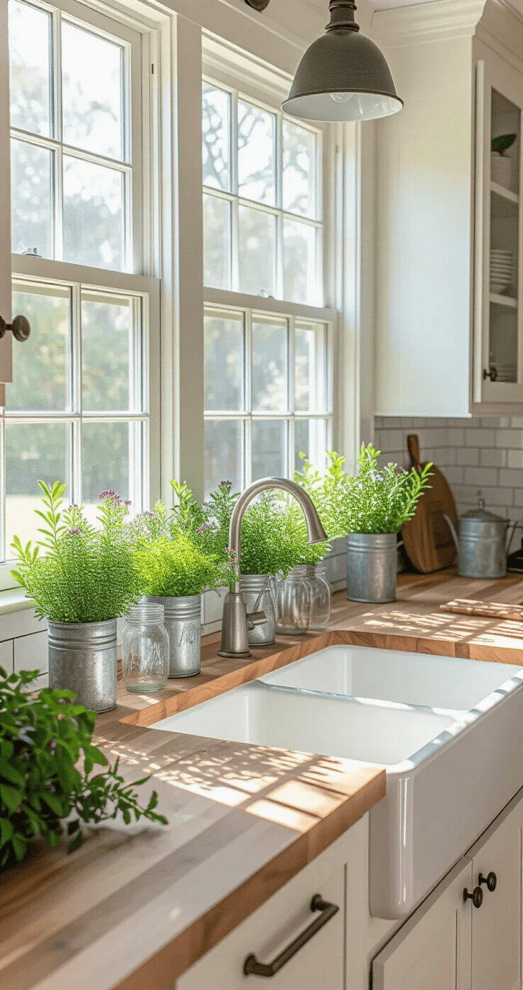A bright and spacious Florida kitchen featuring white shaker cabinets, butcher block countertops, and a native shrub herb garden with Southern Wax Myrtle and Beautyberry in mason jars along a sunny windowsill, accented by a subway tile backsplash, vintage watering cans, and cedar plant markers.