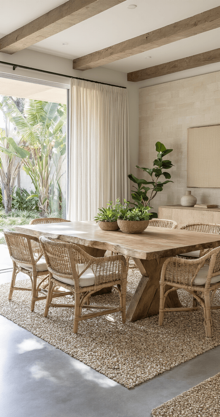 A contemporary Florida dining room with polished concrete floors, floor-to-ceiling sliding glass doors, and dramatic afternoon light. The space features a live-edge cypress dining table surrounded by rattan chairs with linen cushions, decorative gravel pathways in wooden planters, and textural elements like a woven jute rug and cork wall panels. The neutral color palette includes warm grays, natural wood, and stone, with uplighting highlighting architectural plants in statement planters, all captured from a low angle at the room entrance.