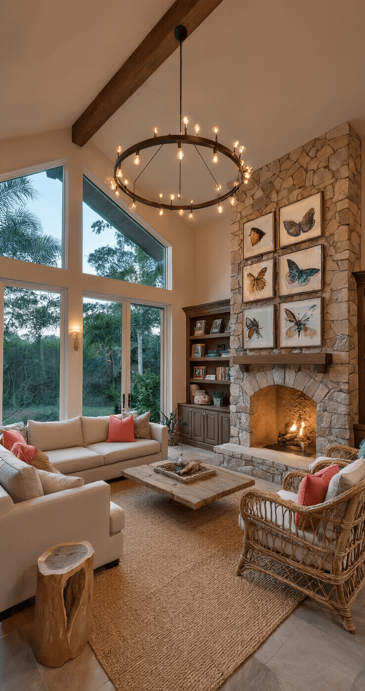 A cozy Florida family room inspired by a wildlife sanctuary, featuring a cathedral ceiling, stone fireplace, and large windows showcasing twilight. The space includes warm Edison bulb string lights, modern geometric planters with Coral Honeysuckle vines, built-in bookshelves, an earthy linen sectional, and a gallery wall of framed butterfly and bird photography. The color palette combines forest green, coral pink, and warm neutrals, with natural materials like jute rugs and rattan chairs. An elevated corner view highlights the room’s dual role as a family gathering space and a celebration of local wildlife.