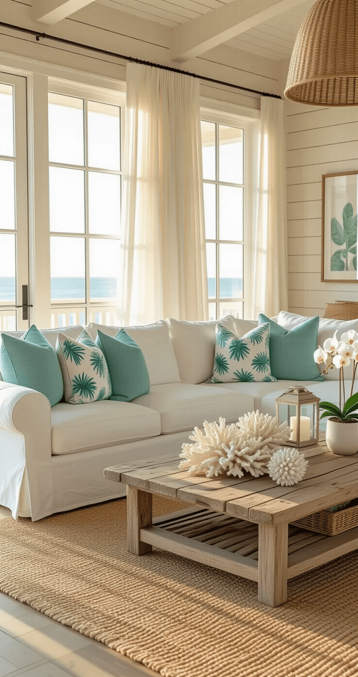 A spacious open-plan living room featuring a white slipcovered sectional sofa with seafoam green and ocean blue throw pillows, a natural jute area rug, and a weathered driftwood coffee table adorned with coral sculptures, all bathed in golden hour sunlight from floor-to-ceiling windows.