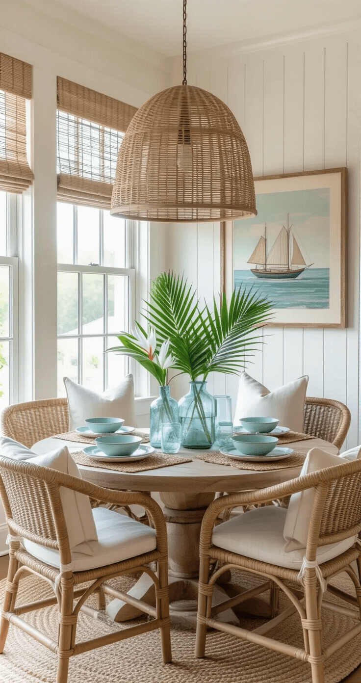 Intimate dining nook with a round reclaimed teak table surrounded by wicker chairs, featuring sea glass vases with palm fronds and white bird of paradise flowers, set against whitewashed beadboard walls, illuminated by a rattan pendant light, creating a serene morning breakfast scene.