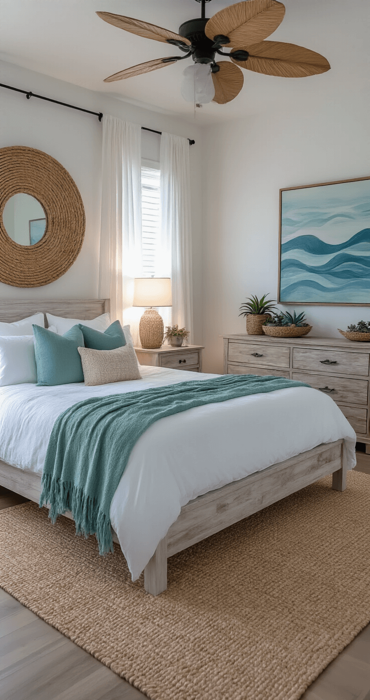 Master bedroom sanctuary at twilight with ambient lighting, featuring a king-size platform bed in whitewashed wood, crisp white linens, seafoam green throw, nautical rope mirror, weathered cedar dresser with succulents, sisal rug, and oceanview windows framed by gossamer curtains.