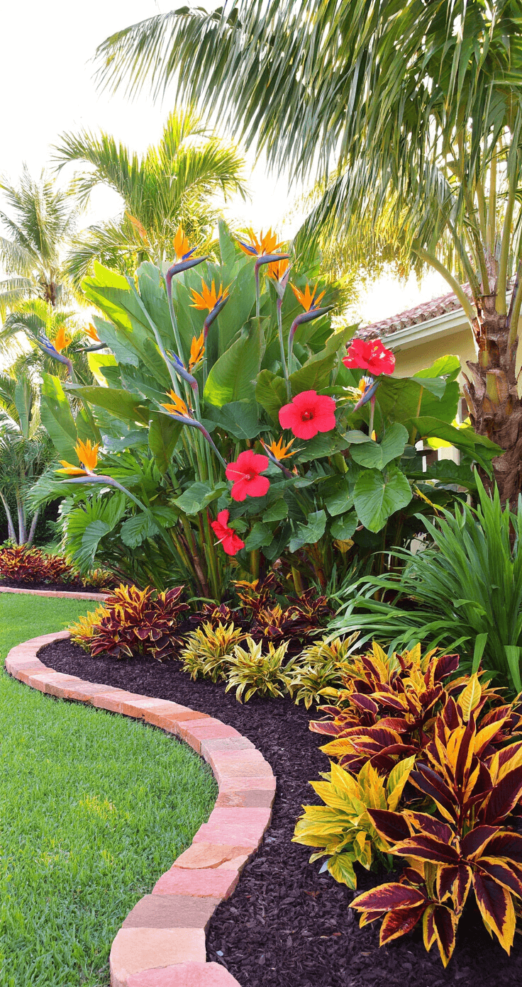 An elegant tropical front yard paradise featuring lush plants like towering bird of paradise, massive hibiscus, and royal palms, bathed in bright morning sunlight with rich jewel tones and polished stone elements.