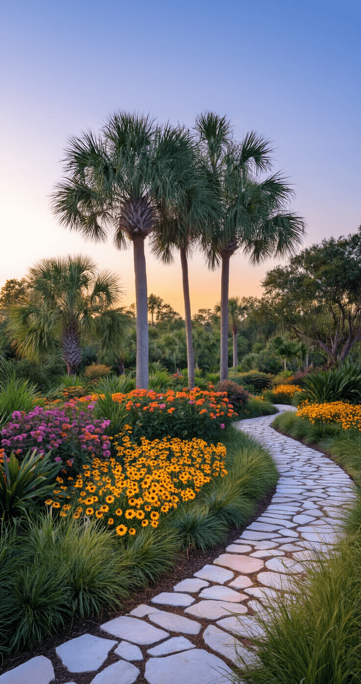 A layered Florida landscape at blue hour, featuring cabbage palms and live oaks overhead, firebush and Simpson's stopper shrubs in the middle, and vibrant beach sunflower and blanket flower in the foreground, with natural flagstone pathways illuminated by LED lighting under a soft twilight glow.
