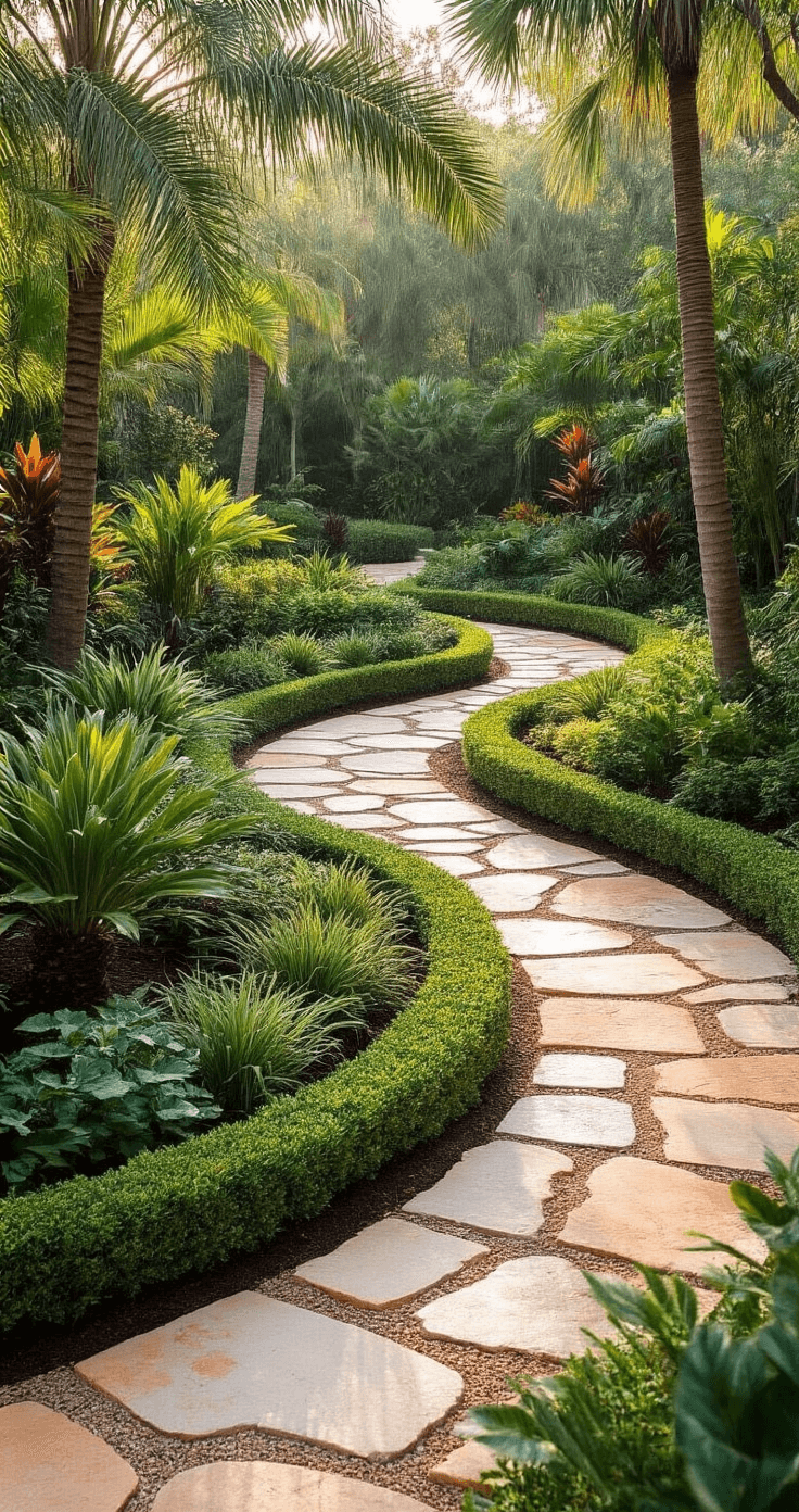 Sophisticated curved landscape design featuring arcing planting beds bordered by coral stone, natural flagstone pathways, and strategic plant groupings, photographed in optimal morning light at 9 AM.