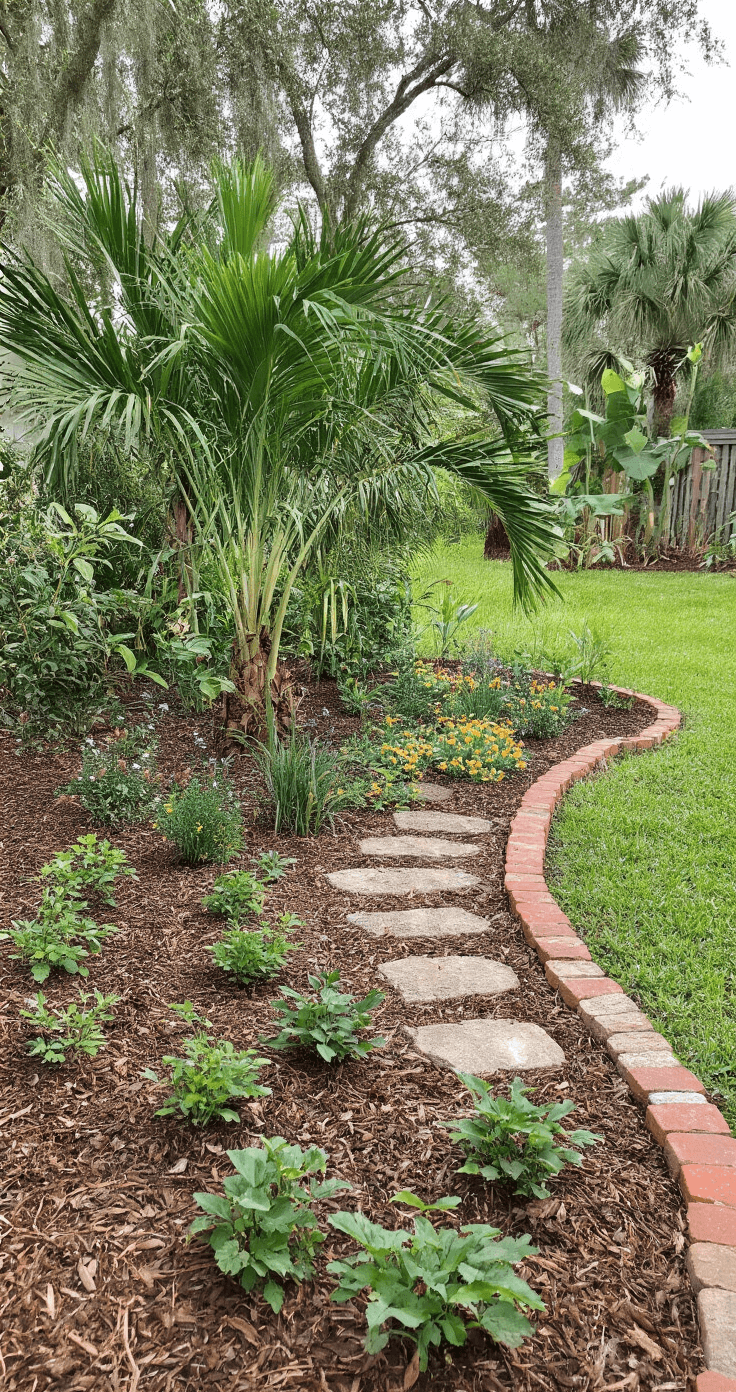 A budget-friendly Florida front yard transformation featuring young native plants like coontie palms and beautyberry shrubs, with DIY elements such as repurposed brick edging and homemade stepping stone pathways in soft, even overcast light.