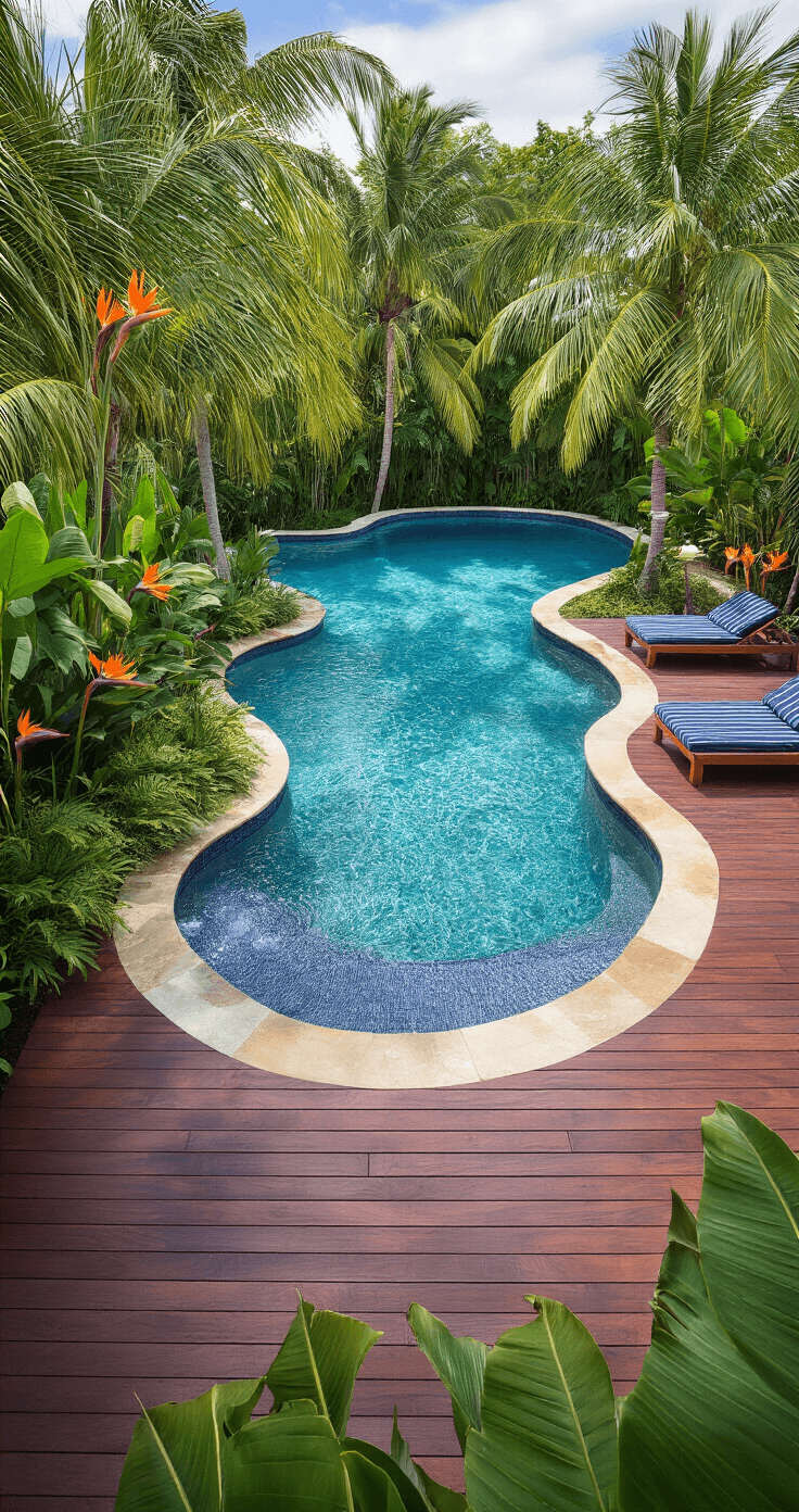 Elevated view of a kidney-shaped tropical pool surrounded by rich mahogany decking, featuring lush landscaping with vibrant plants, modern infinity edge, and cozy loungers, all illuminated by soft directional lighting and underwater LEDs.