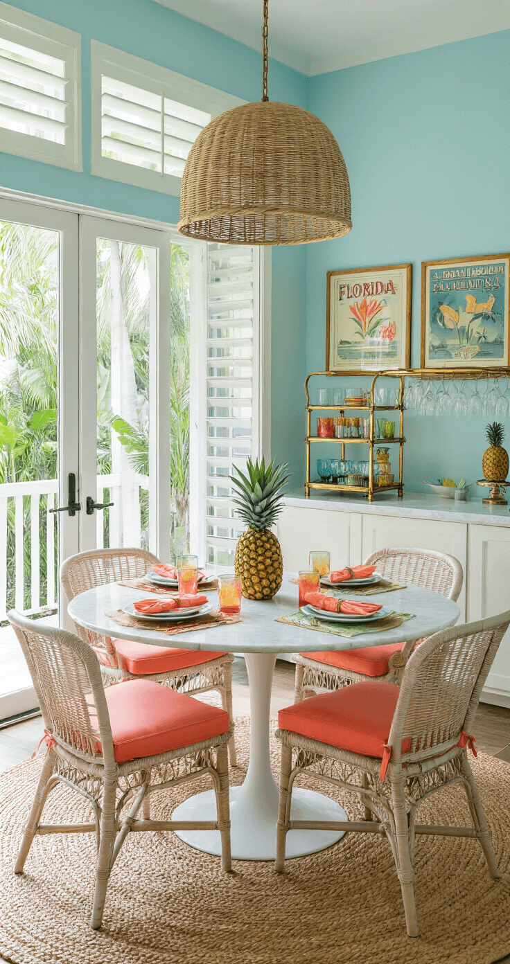 Mid-century dining room filled with morning light, featuring a round tulip table with wicker chairs and coral cushions, a vintage bar cart, pastel blue walls with travel posters, a jute rug, and a rattan pendant light, all complemented by tropical views and a cheerful ambiance.