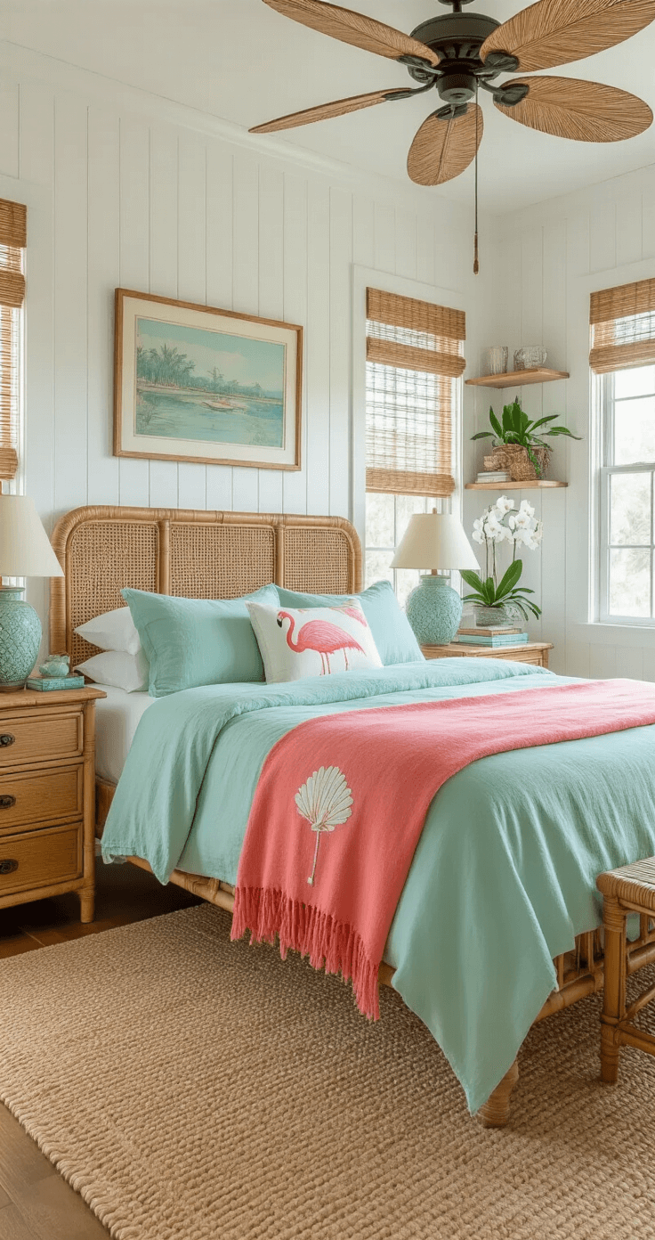 Cozy bedroom retreat with white tongue-and-groove pine walls, king-size bed in seafoam green linen, coral throw blanket, vintage teak nightstands, ceramic lamps, natural sisal rug, potted orchids, mid-century dresser with shell collections, and wicker-blade ceiling fan, bathed in soft golden hour light.