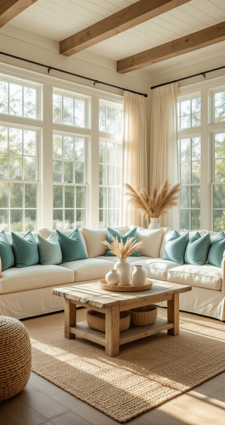 A bright and airy 200 sq ft Florida room with floor-to-ceiling windows, featuring a cream sectional sofa with ocean blue and sage green pillows, a driftwood coffee table, coastal decor, and warm, filtered sunlight.