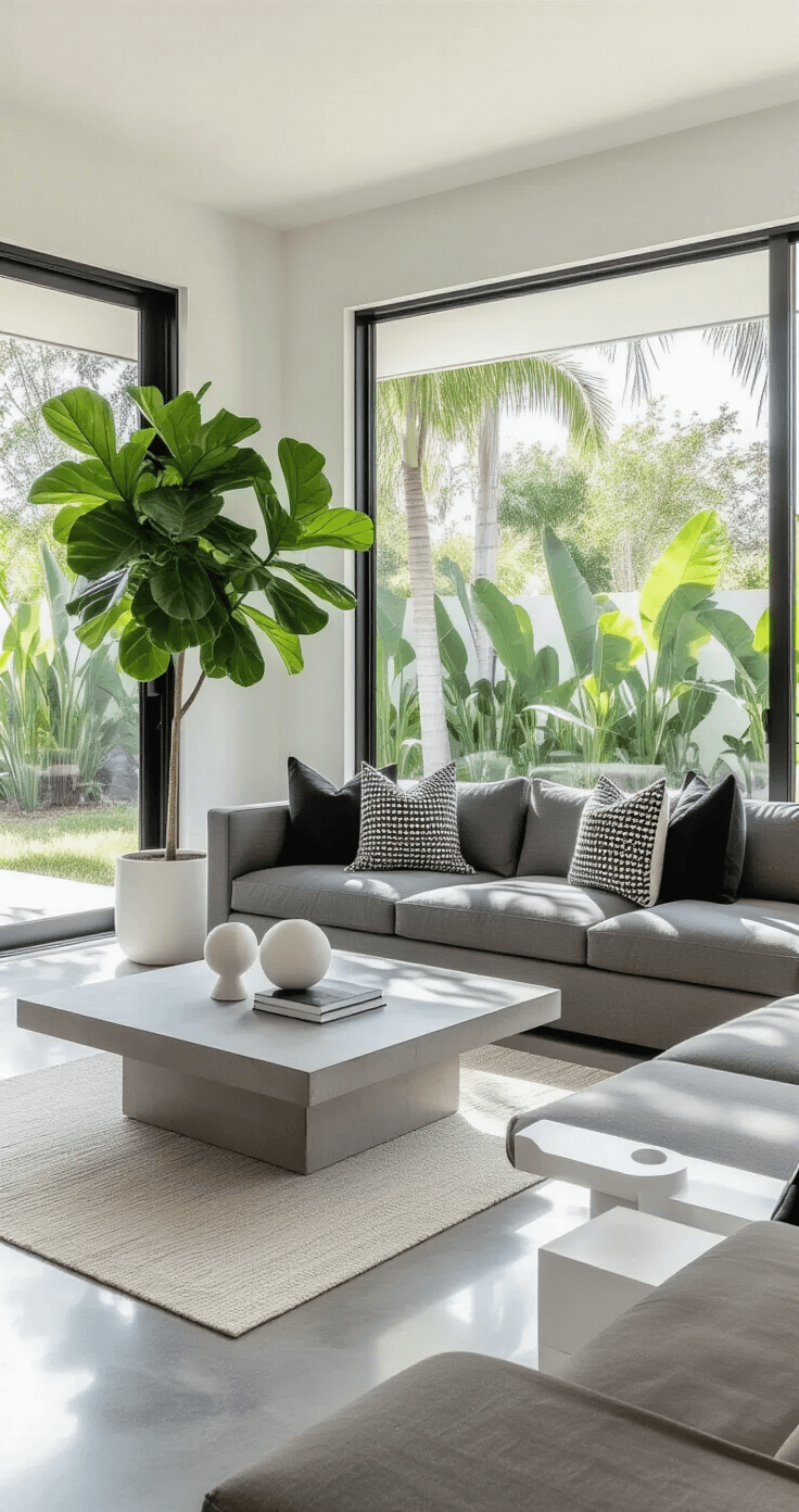 A modern minimalist Florida room with a charcoal gray sectional, floor-to-ceiling glass panels, a live-edge concrete coffee table, and a fiddle leaf fig in a white ceramic planter, featuring polished concrete floors and white oak floating shelves.