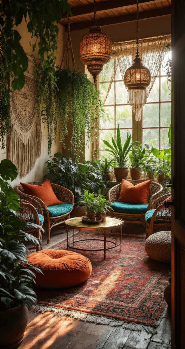 A bohemian paradise Florida room filled with layered textiles and greenery, featuring terracotta and teal Moroccan floor cushions, a low brass coffee table, vintage rattan chairs, and macramé wall hangings. Multiple potted plants create a jungle atmosphere, with overlapping Persian-style rugs on weathered wooden floors and warm, amber lighting casting dramatic shadows.
