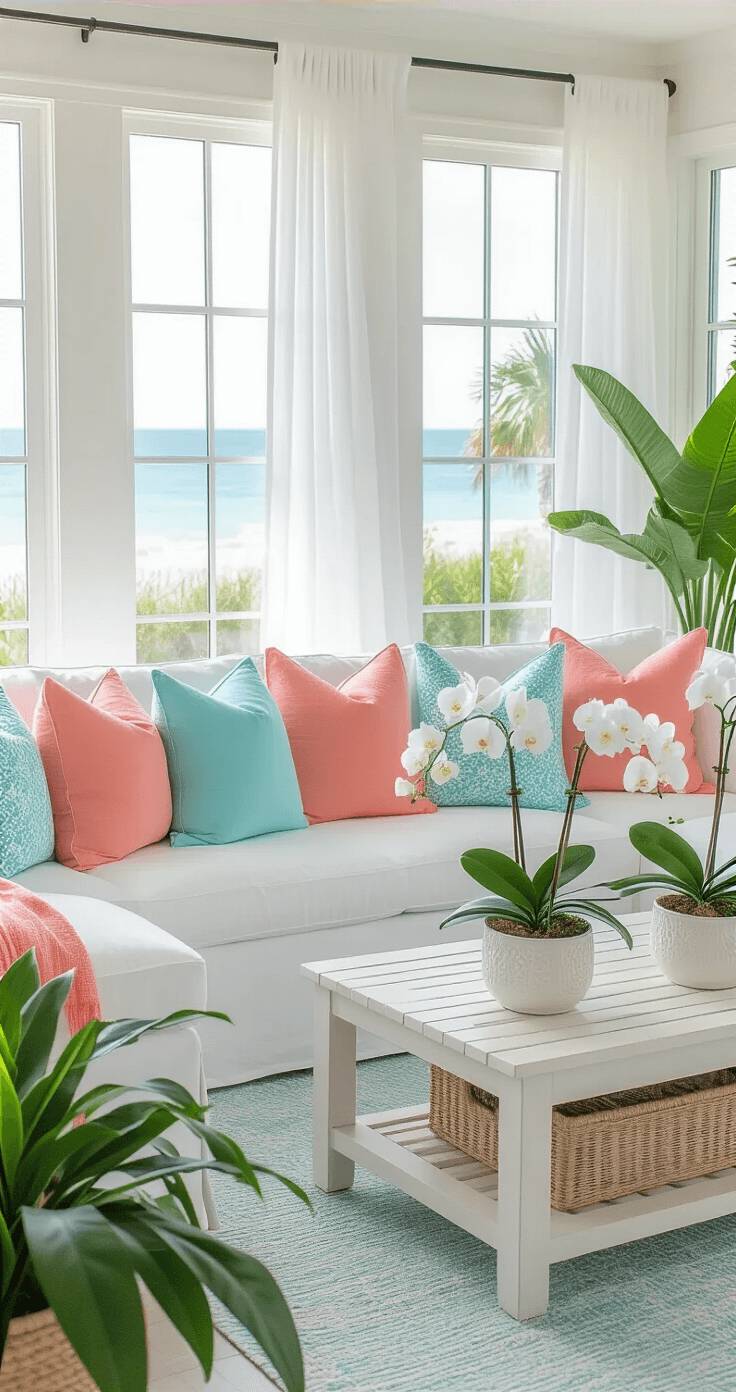 Brightly lit Florida room styled for summer, featuring a white linen sectional with coral and aqua pillows, a whitewashed teak coffee table with orchids, sheer curtains, tropical plants, rattan accents, and a pale blue vintage rug, all captured in a breezy, light atmosphere.