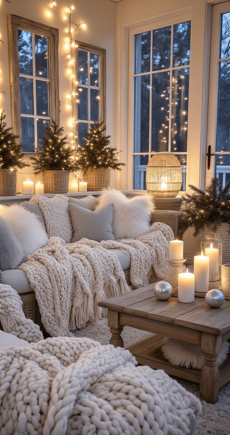 A cozy winter evening Florida room with soft lighting, featuring chunky knit throws, plush seating, rattan lamps, string lights, evergreen plants, and a vintage wooden coffee table styled with white candles and silver accents, all captured during blue hour.