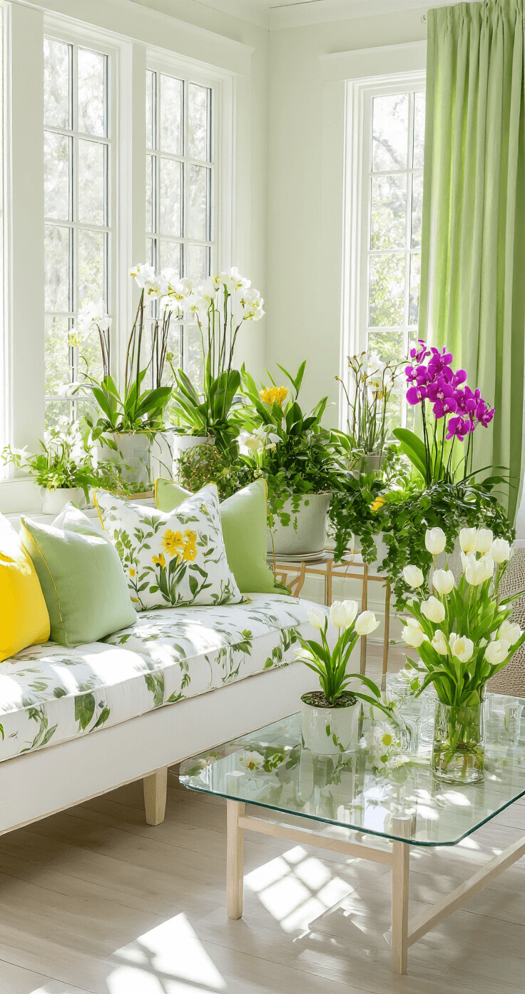 A bright Florida room filled with spring flowers and greenery, featuring white and sage green seating with botanical print pillows, modern plant stands with orchids and bromeliads, and a glass-top coffee table adorned with white tulips, all illuminated by morning sunlight.