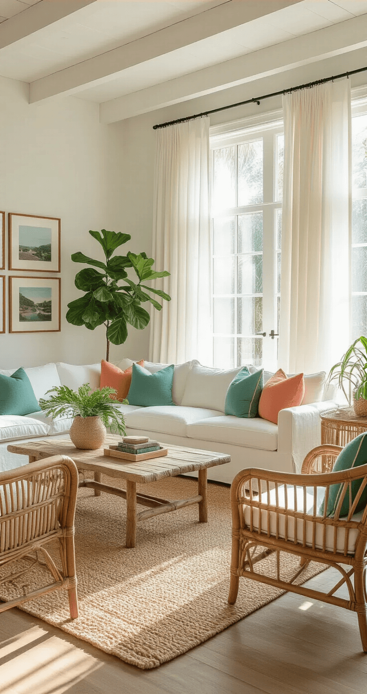Bright airy living room featuring a plush white slipcovered sectional sofa with seafoam green and coral throw pillows, surrounded by a natural jute rug, rattan accent chairs, and a bamboo side table. Sunlight streams through floor-to-ceiling white linen curtains, illuminating the space with warm white walls and vintage coastal photography. Tropical plants like fiddle leaf fig and monstera add greenery, while exposed white-painted ceiling beams enhance the architectural interest.