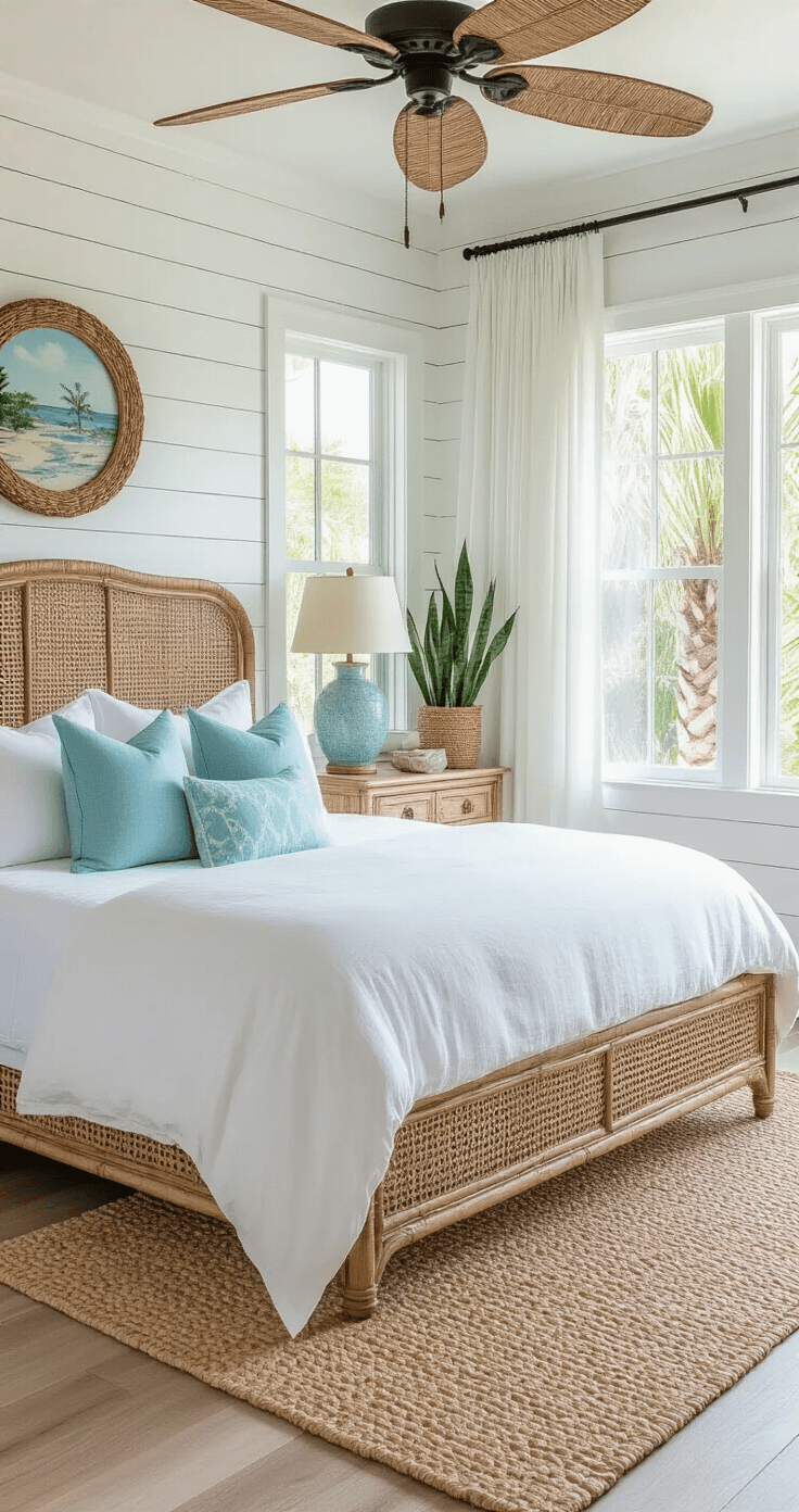 Sun-drenched coastal bedroom featuring a king bed with white linen duvet, aqua blue accent pillows, and a vintage rattan headboard, complemented by matching nightstands with coral table lamps, all set against a shiplap accent wall. Whitewashed hardwood floors and a woven seagrass rug enhance the serene atmosphere, with large windows dressed in white curtains revealing palm trees outside. A driftwood mirror reflects morning light, while decor includes hurricane glass candles, snake plants, and vintage Florida travel posters, all under the cooling effect of a rattan-bladed ceiling fan.
