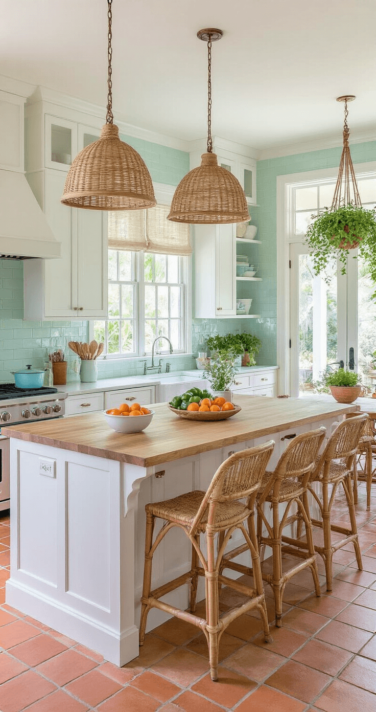 Spacious Florida-style kitchen featuring white shaker cabinets, butcher block countertops, and mint green subway tile backsplash, with natural rattan pendant lights, a large island with woven bar stools, and farmhouse sink overlooking a tropical garden, all bathed in natural light.