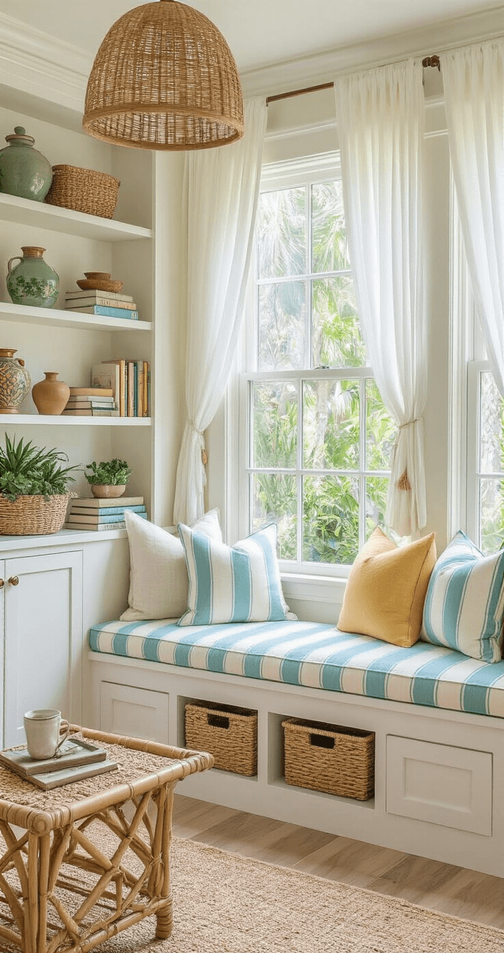 Cozy Florida-style reading nook in bay window with built-in bench, coral and aqua striped cushions, vintage books, and tropical plants. Sheer curtains frame garden views, while layered pillows and a bamboo side table add comfort. Jute pendant light provides illumination, complemented by woven baskets and a succulent collection. Whitewashed wood floors enhance the coastal charm.